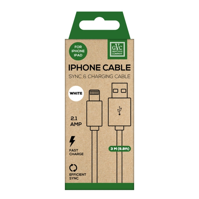 GVC IPHONE 2.1A SYNC & CHARGING CABLE 3M  - WHITE. GVCCIP3WH \\\KD19954