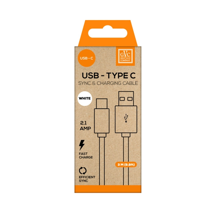 GVC USB TYPE C 2.1A SYNC & CHARGING CABLE 3M  - WHITE. GVCCTC3WH \\\KD19955