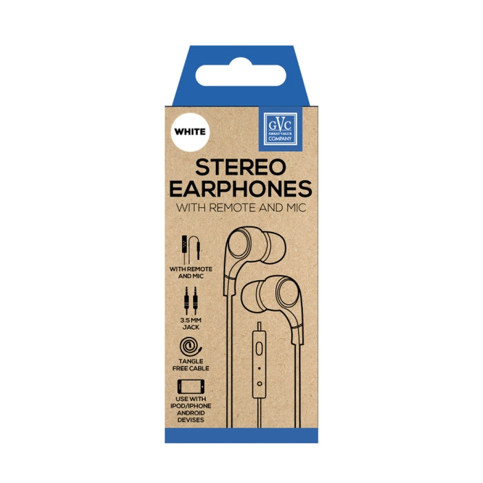 GVC 3.5MM JACK STEREO EARPHONE WITH REMOTE & MIC - WHITE. GVCEP4WH \\\KD19956