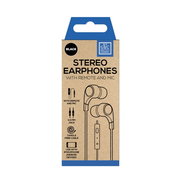 GVC 3.5MM JACK STEREO EARPHONE WITH REMOTE & MIC - BLACK. GVCEP4BK \\\KD19957