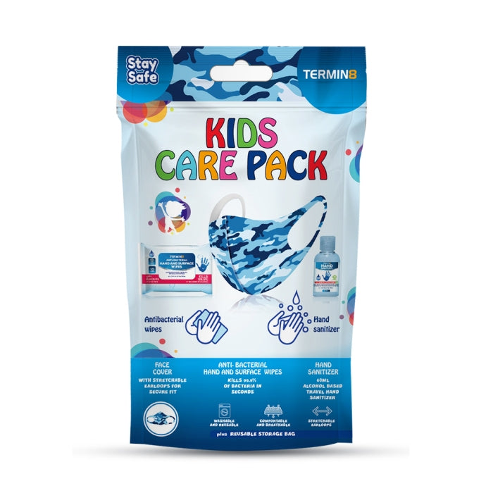 TERMIN8 KIDS CARE PACK (BLUE MASK - HAND SANITIZER - ANTI BACTERIAL WIPES). T8KCPBL \\\KD19962
