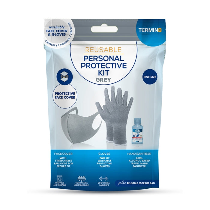 TERMIN8 PERSONAL PROTECTIVE KIT (GREY MASK - GLOVES - HAND SANITIZER ). T8PKGY \\\KD19963