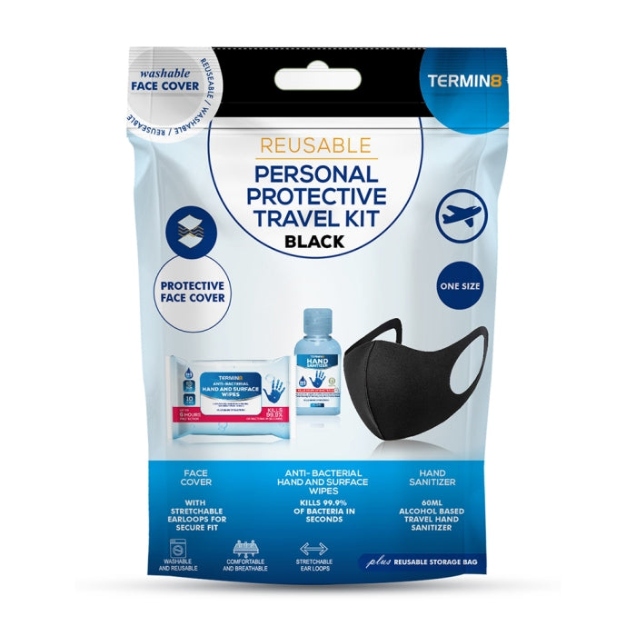 TERMIN8 PERSONAL PROTECTIVE TRAVEL KIT (BLACK MASK - HAND SANITIZER - ANTI BACTERIAL WIPES). T8PKBK \\\KD19964