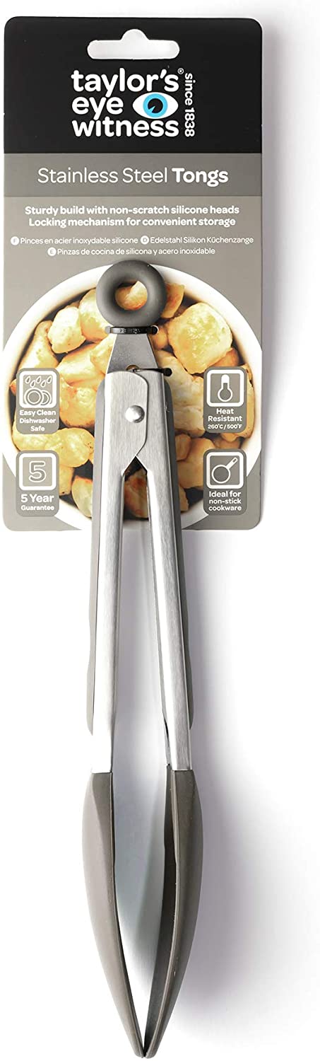 TAYLORS EYE WITNESS STAINLESS STEEL GREY SILICONE TONGS. LTS010 \\\KD20049