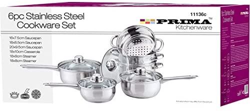 PRIMA STAINLESS STEEL COOKWARE SET 6 PCS WITH GLASS LIDS. 11136C \\\KD20059