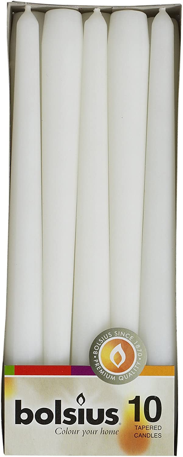 BOLSIUS WHITE TAPERED DINNER CANDLES 245MM 7.5H 10/PK. 103600352202 \\\KD20121