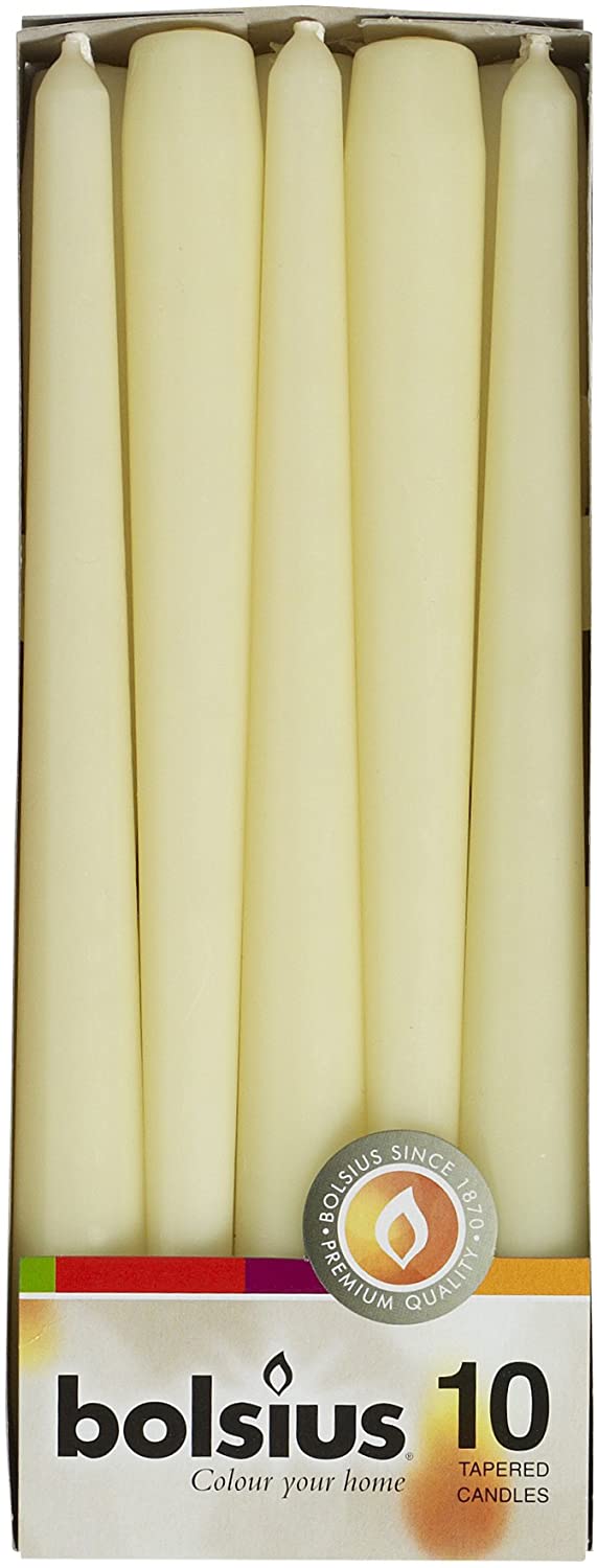 BOLSIUS IVORY TAPERED DINNER CANDLES 245MM 7.5H 10/PK. CN5215 \\\KD20122