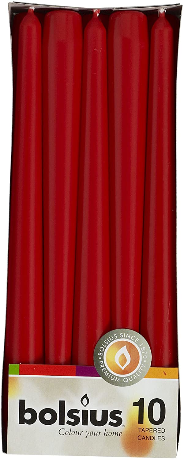 BOLSIUS RED TAPERED DINNER CANDLES 245MM 7.5H 10/PK. 103600352241 \\\KD20123