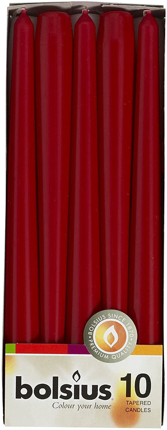 BOLSIUS DARK RED TAPERED DINNER CANDLES 245MM 7.5H 10/PK. 103600352244 \\\KD20124