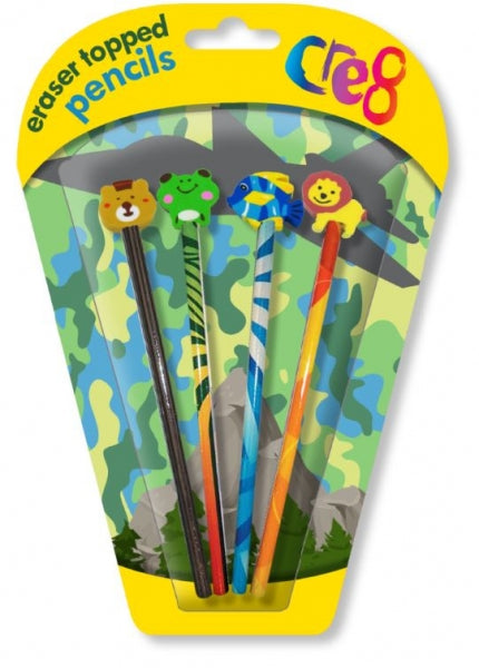 CRE8 BOYS PENCIL & ANIMAL SHAPE TOP ERASER SET 4/PK. P2557 \\\KD20223