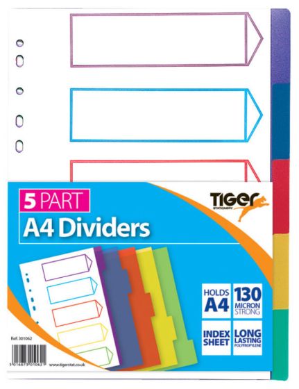 TIGER A4 MULTICOLOURED POLYPROPYLENE 5 PART DIVIDERS. T301062 \\\KD20436