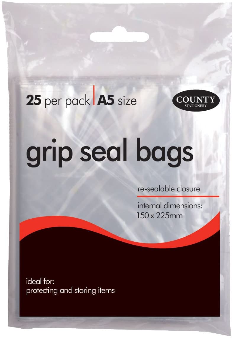 A5 SIZE GRIP SEAL BAGS - 25 PER PACK - 150 X 225 MM. C147 \\\KD20781