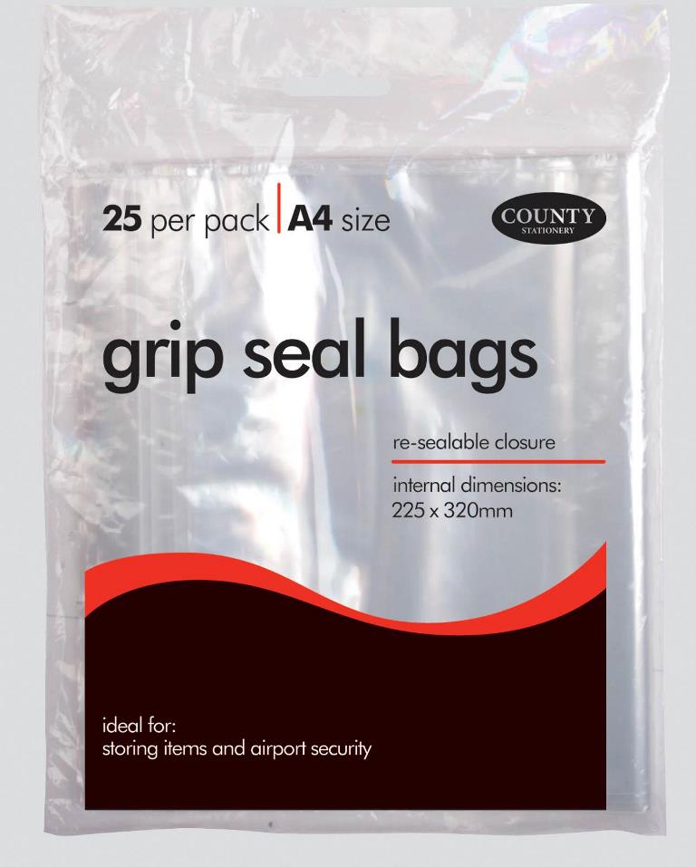 A4 SIZE GRIP SEAL BAGS - 25 PER PACK - 225 X 320 MM. C146 \\\KD20783