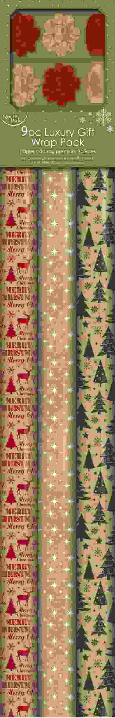 NORTH POLE KRAFT LUXURY CHRISTMAS GIFT WRAP SET 9PCS. X29763GWCC \\\KD20848