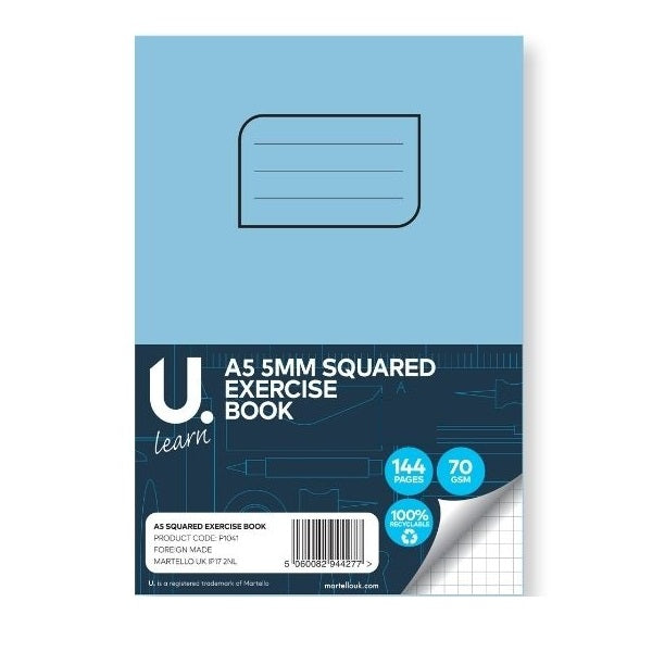 U LEARN A5 5MM SQUARED EXERCISE BOOK 70GSM 72 SHEETS. P1041 \\\KD20919