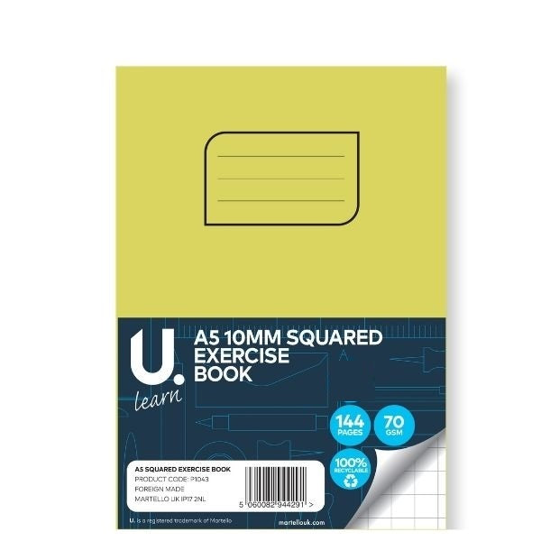 U LEARN A5 10MM SQUARED EXERCISE BOOK 70GSM 72 SHEETS. P1043 \\\KD20920