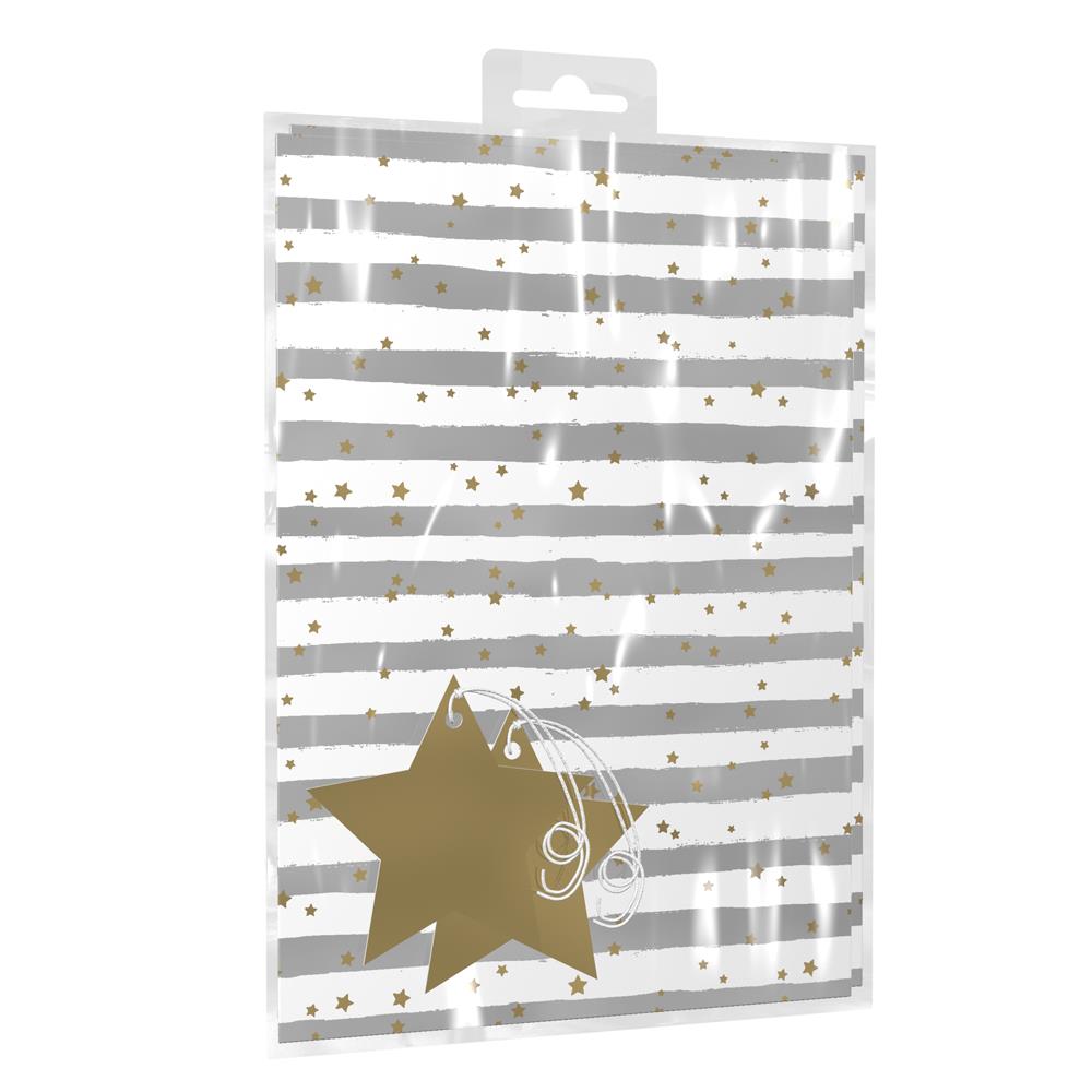 GIFTMAKER WHITE SILVER STRIP / STAR GIFT WRAP SHEETS WITH GIFT TAGS. YAKGS20E \\\KD20978