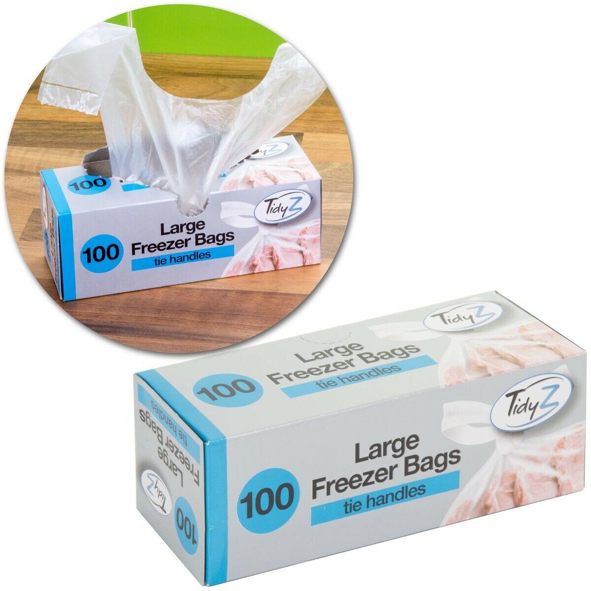 TIDZY LARGE FREEZER BAGS WITH TIE HANDLE PACK OF 100. B0262A \\\KD21160