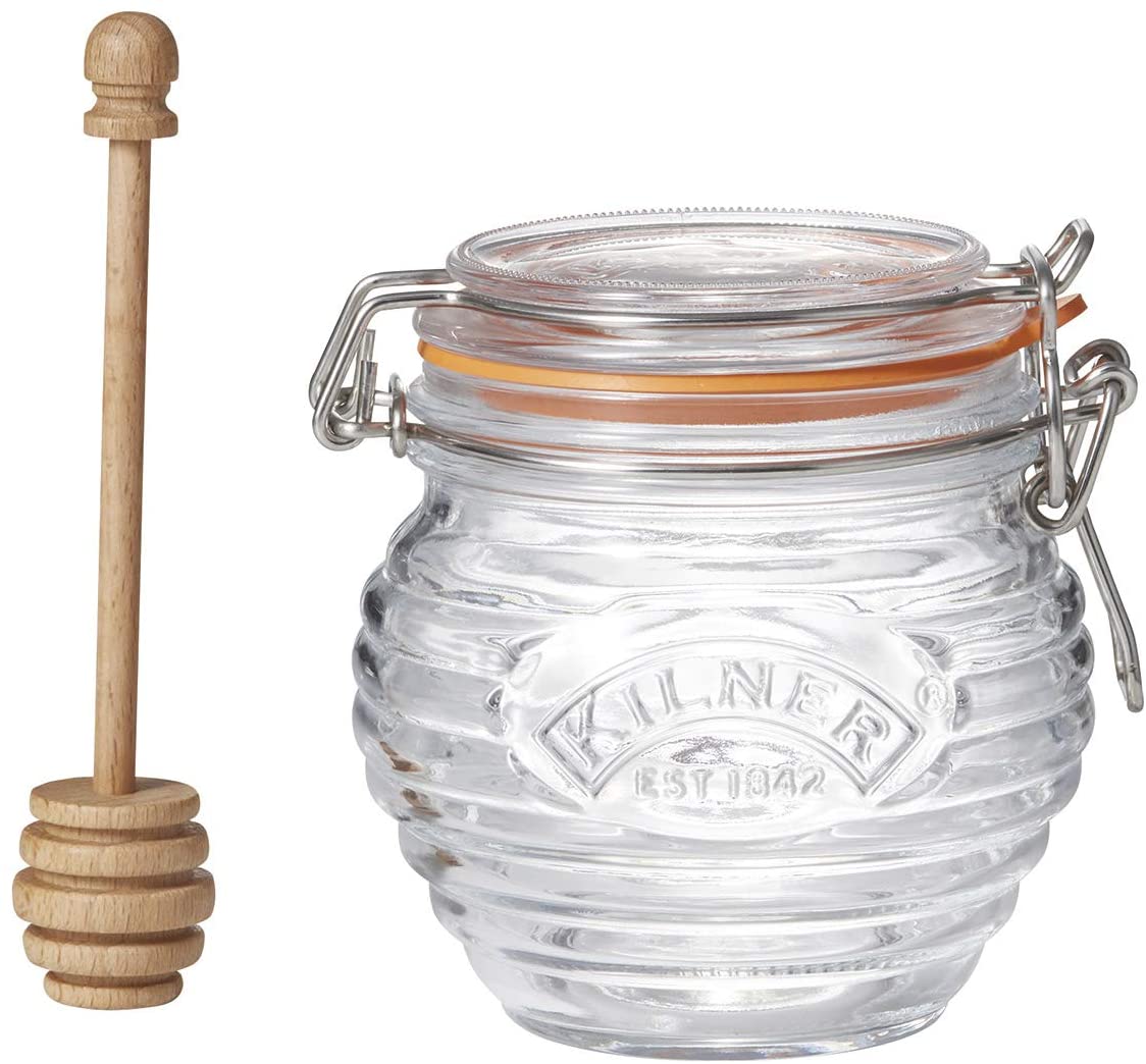 KILNER GLASS HONEY POT SET WITH BEECHWOOD DIPPER. 0025887 \\\KD21278
