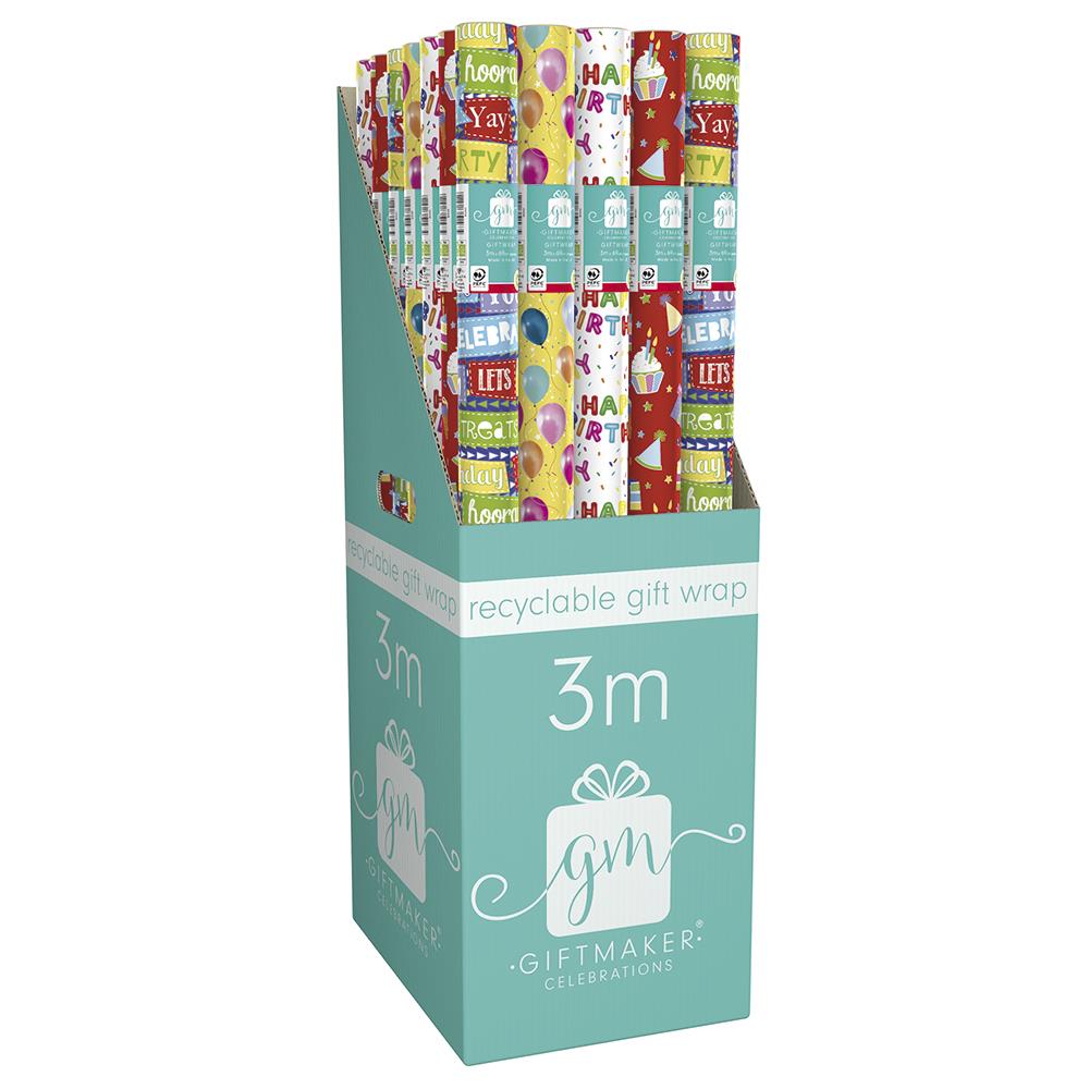 GIFTMAKER HAPPY BIRTHDAY DESIGN GIFT WRAP PAPER ROLL 3M X 69CM. GW20E \\\KD21516