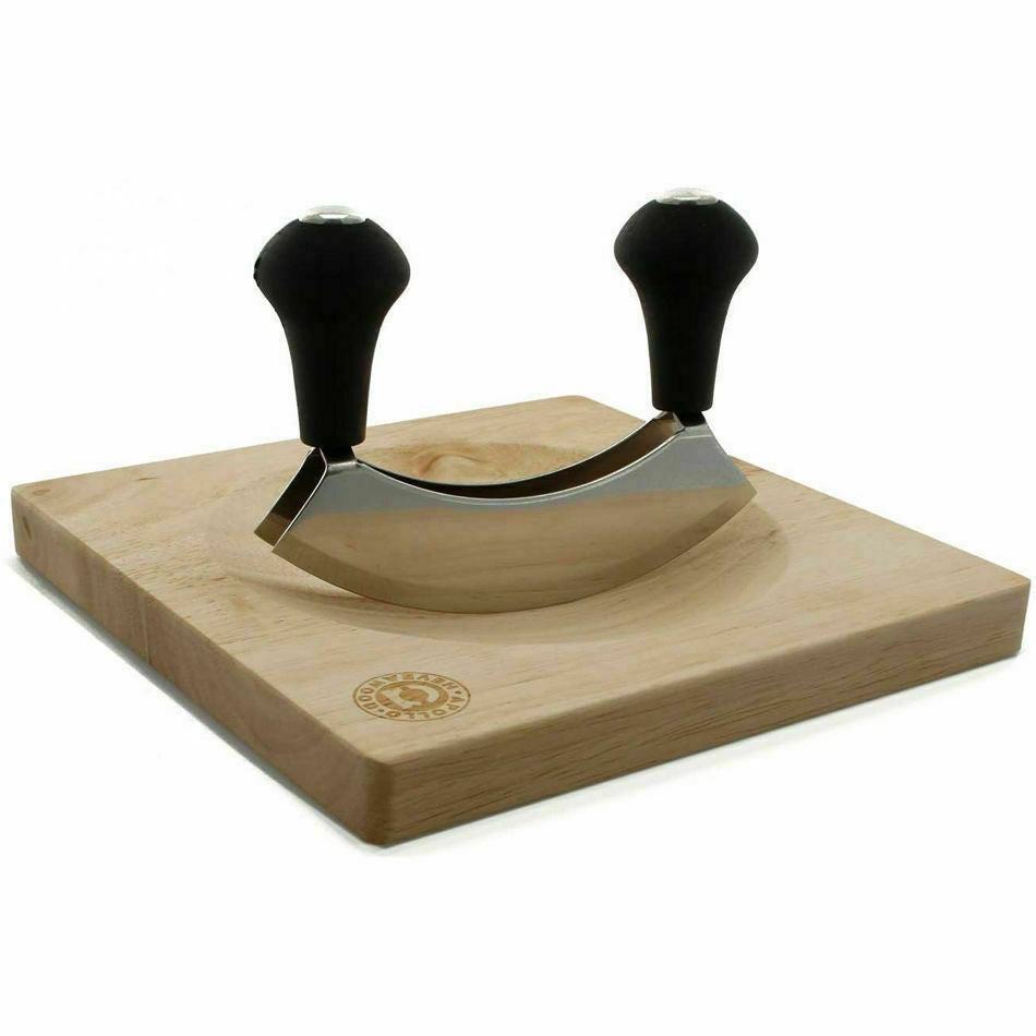 MEZZALUNA HEVEA WOODEN CHOPPING BOARD STAINLESS STEEL BLADE. AP6482 \\\KD21526