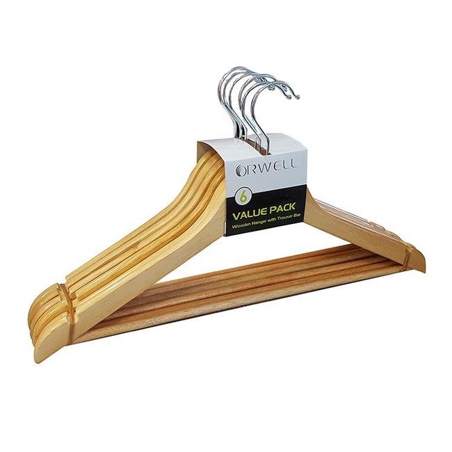ORWELL 6PK WOODEN FLAT HANGER WITH TROUSER BAR. WL1397 \\\KD21546