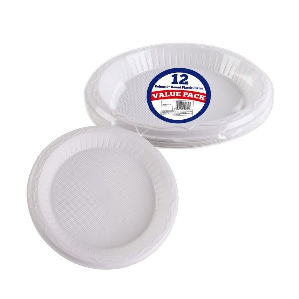 DELUXE ROUND PLASTIC PLATES 23CM / 9 INCH 12/PK. BV9830 \\\KD22168