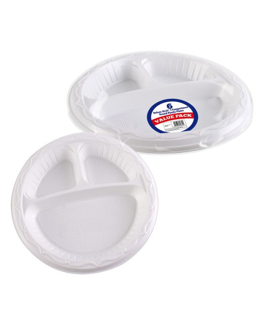 DISPOSABLE 3 COMPARTMENT ROUND PLASTIC PLATES 10.25" 6/PK. BV9839 \\\KD22169