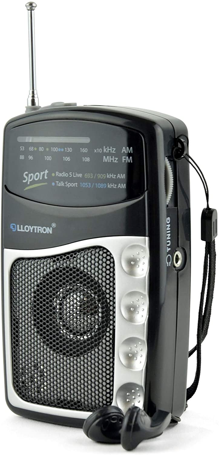 LLOYTRON ENTERTAINER AM / FM BAND PERSONAL SPORTS RADIO WITH EARPHONES. N2201BK \\\KD22196