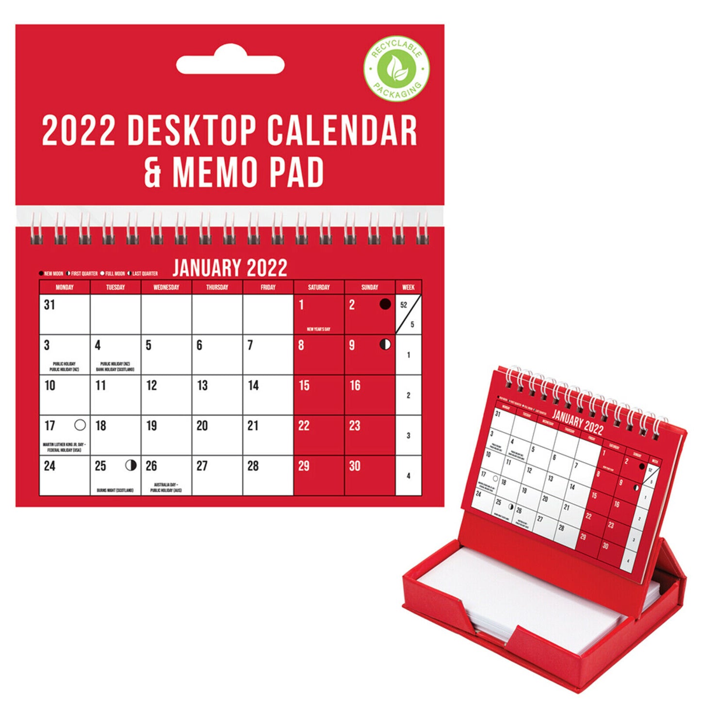 2022 DESKTOP CALENDAR & MEMO PAD MONTH TO VIEW SPIRAL BOUND PLANNER RED. YET22 \\\KD22570