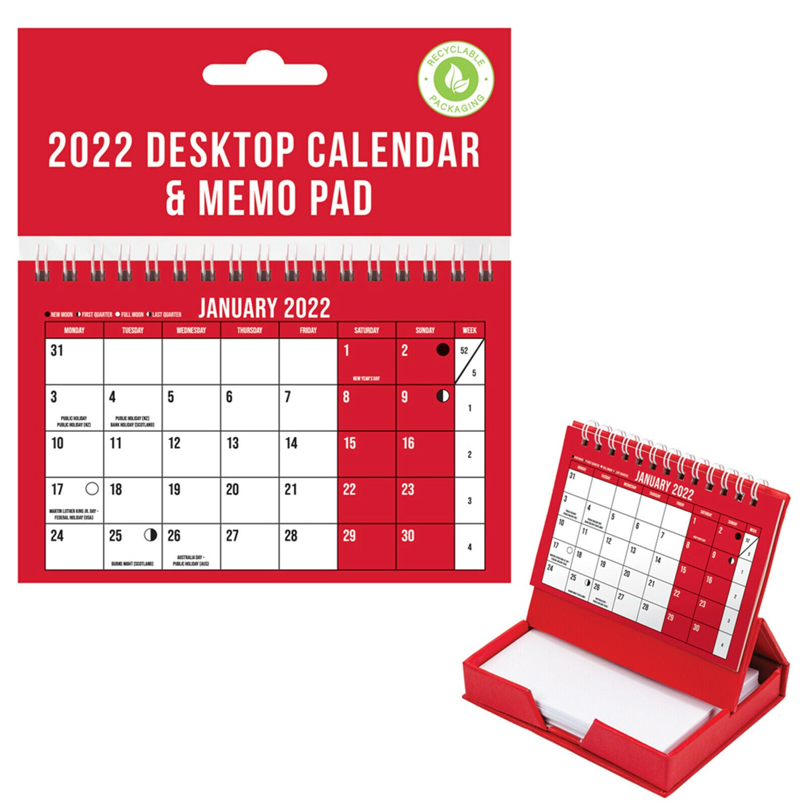 2022 DESKTOP CALENDAR & MEMO PAD MONTH TO VIEW SPIRAL BOUND PLANNER RED. YET22 \\\KD22570