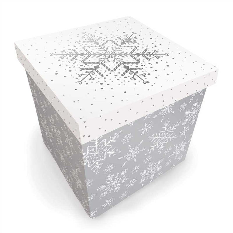 MEDIUM SQUARE FLAT PACK CHRISTMAS GIFT BOX SILVER & WHITE 20X20X20CM. TAXB0091M \\\KD22716
