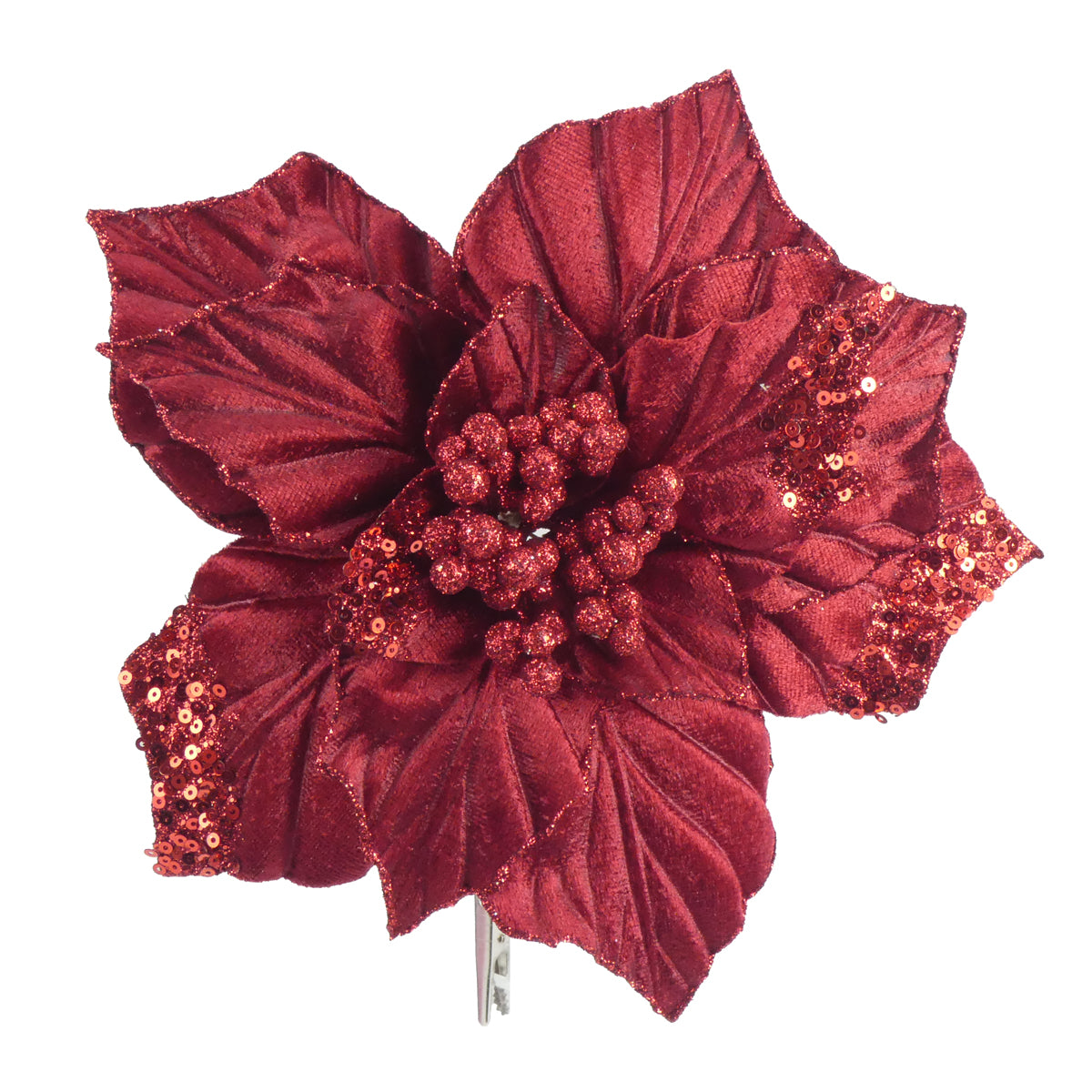 CHRISTMAS VELVET POINSETTIA ON CLIP 22CM. DP57800 \\\KD22804