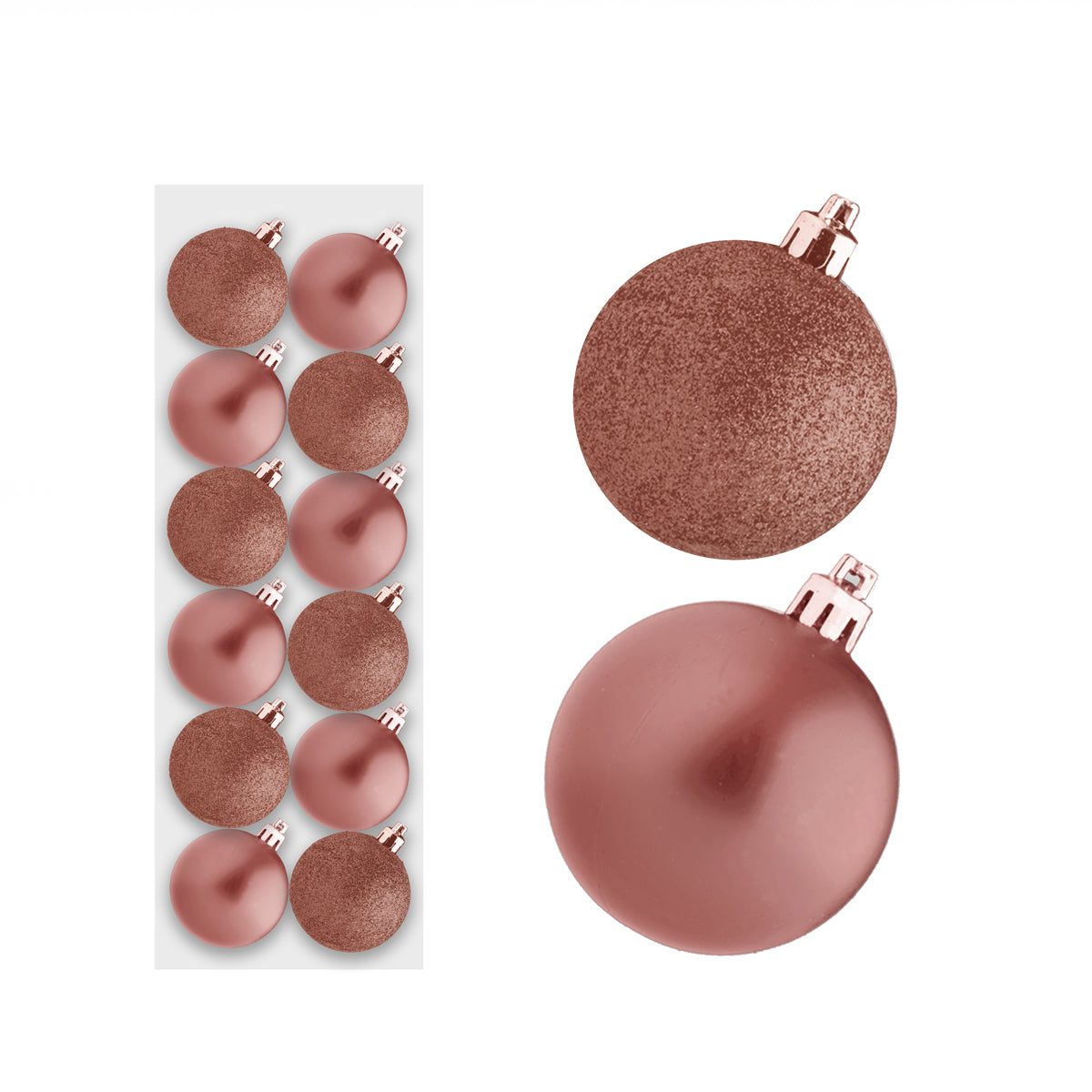 12 MINI BAUBLES MAT GLITTER ROSE GOLD COLOUR 30MM. DP54988 \\\KD22966