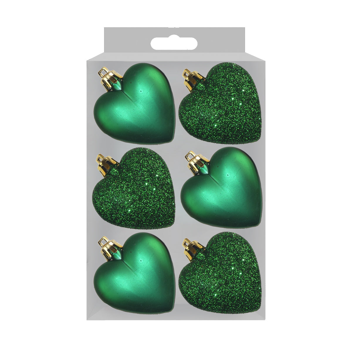GLITTER / MATT HEART SHAPE CHRISTMAS TREE BAUBLES 50MM 6/PK - GREEN. DP57475 \\\KD22973