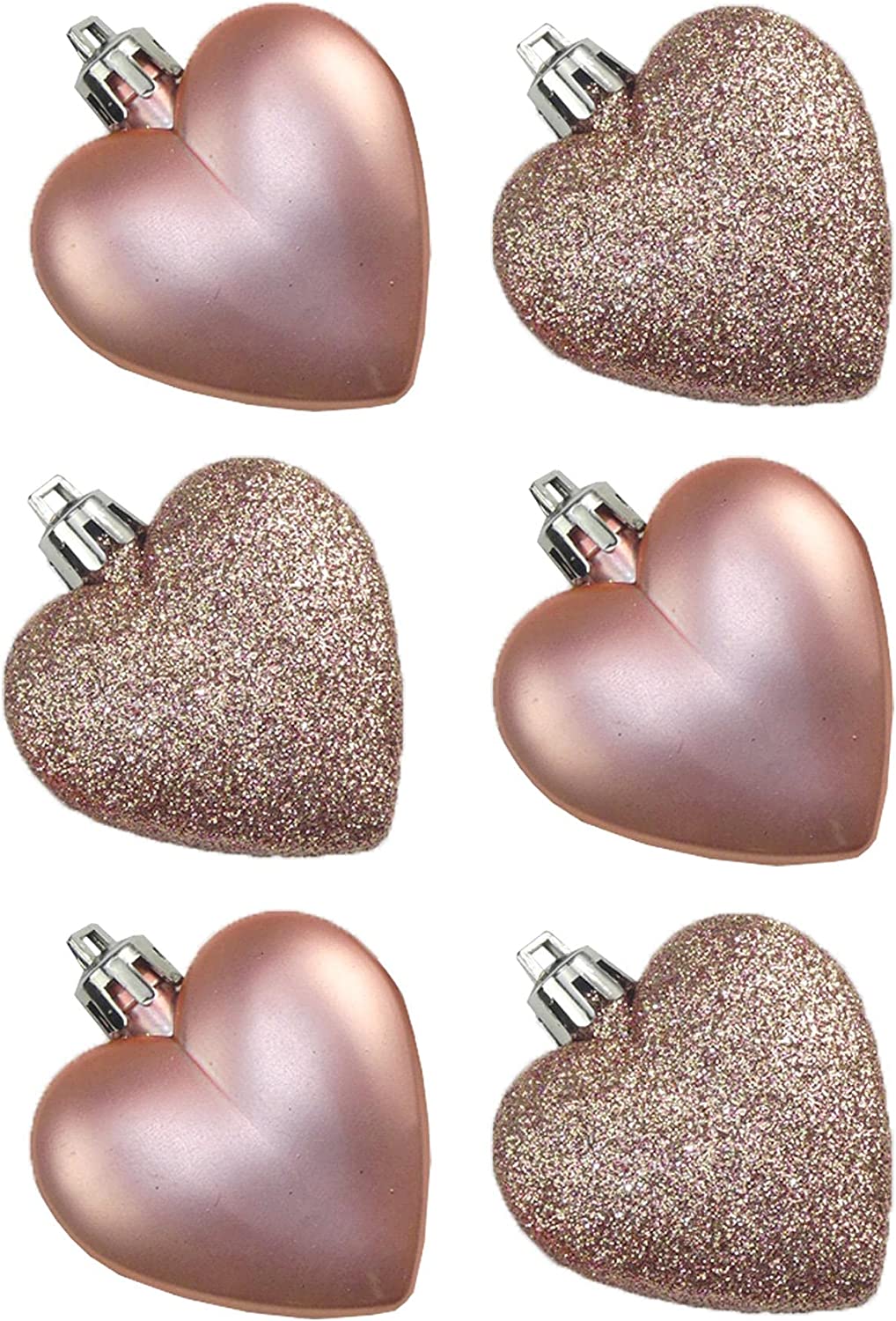 GLITTER / MATT HEART SHAPE CHRISTMAS TREE BAUBLES 50MM 6/PK - PEACH. DP57476 \\\KD22977