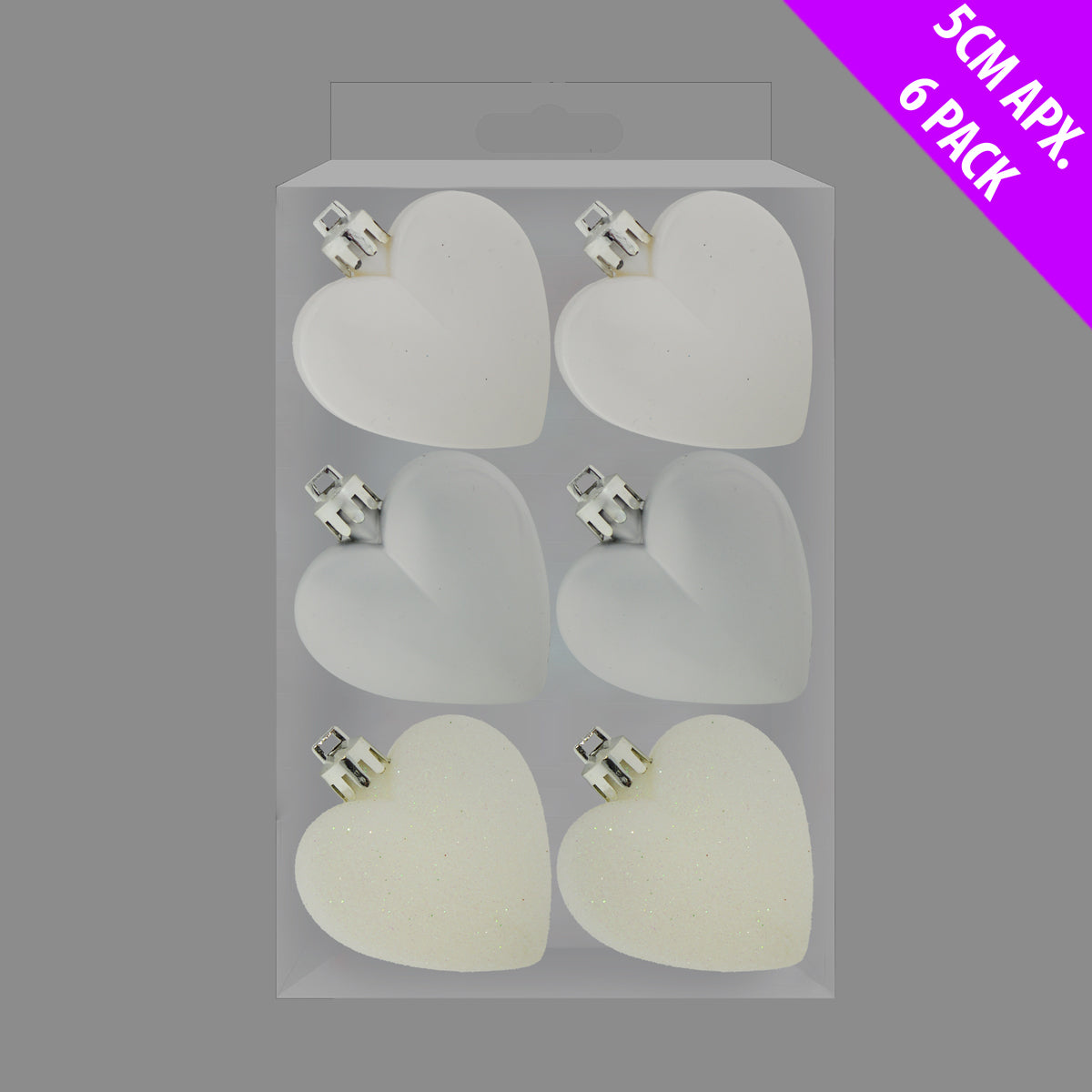 GLITTER / MATT HEART SHAPE CHRISTMAS TREE BAUBLES 50MM 6/PK - WHITE. DP56321 \\\KD22978