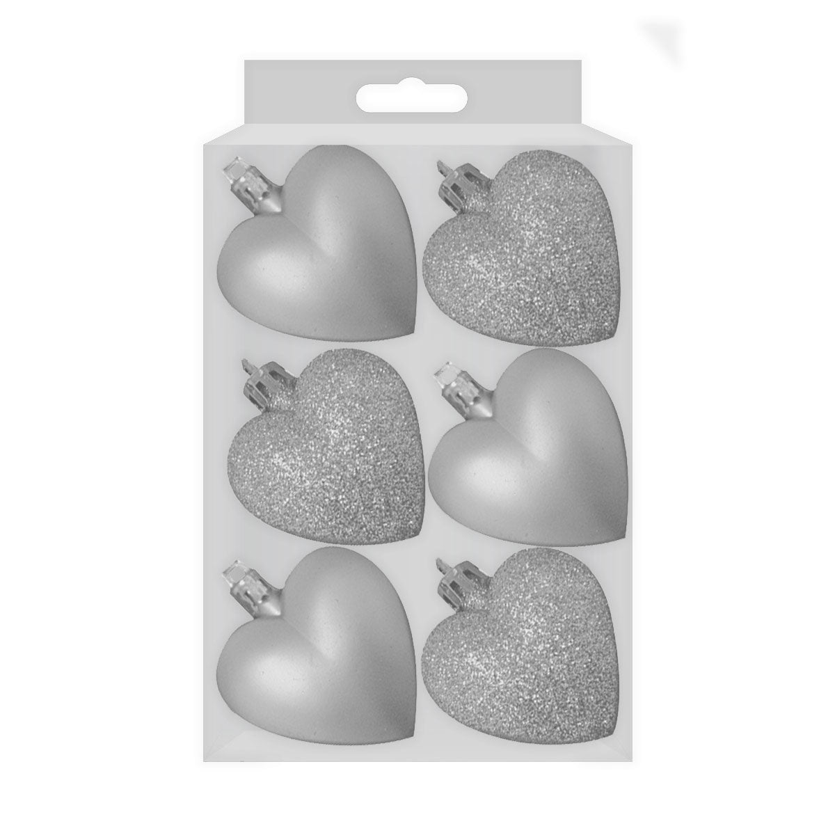 GLITTER / MATT HEART SHAPE CHRISTMAS TREE BAUBLES 50MM 6/PK - SILVER. DP55163 \\\KD22979