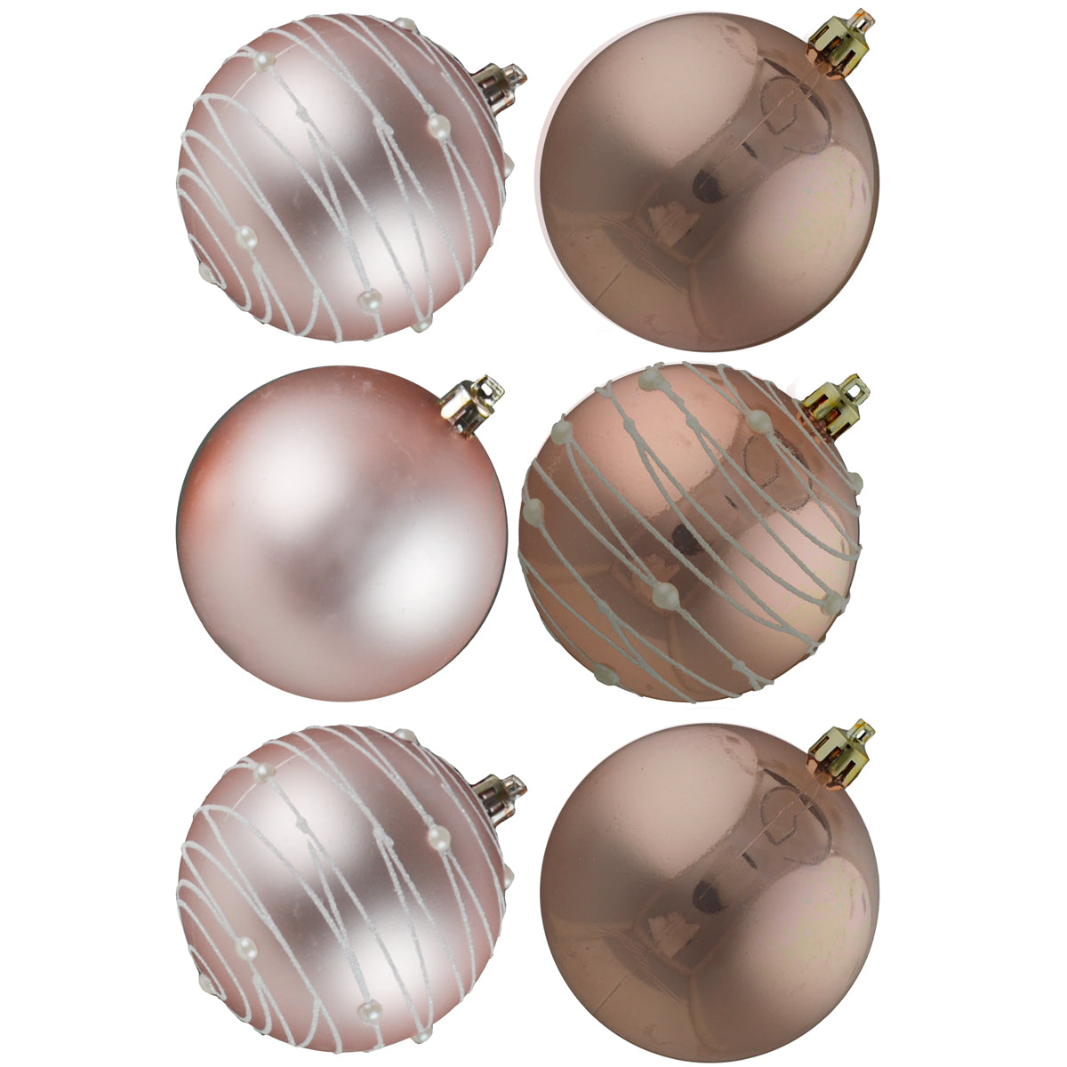 6 CHRISTMAS BAUBLES SWIRL ROSE GOLD 80MM. DP55949 \\\KD22991