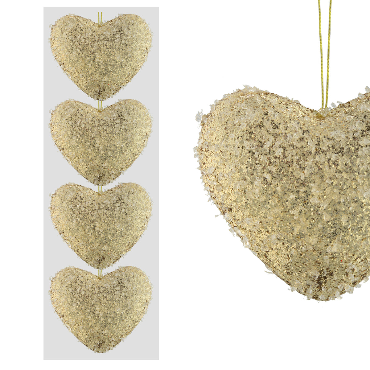 4 FROSTY HEARTS CHRISTMAS BAUBLES 11CM - CHAMPAGNE GOLD. DP55430 \\\KD22996