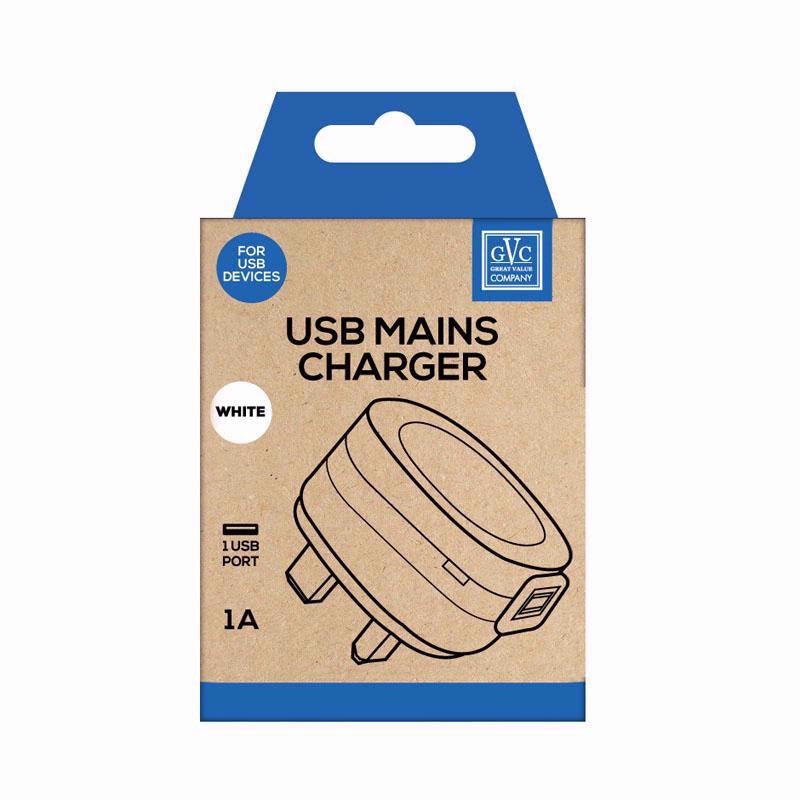 GVC USB MAINS CHARGER 1A - WHITE. GVCMU1WH \\\KD23714