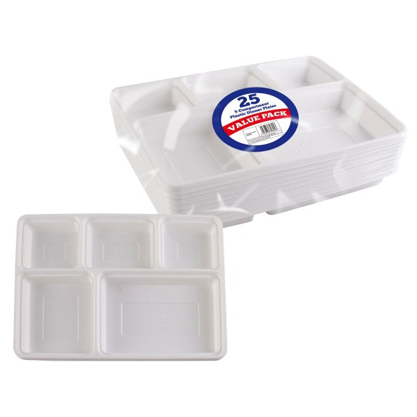 5 COMPARTMENT PLASTIC DISPOSABLE DINNER PLATES 25/PK. BV9825 \\\KD23815