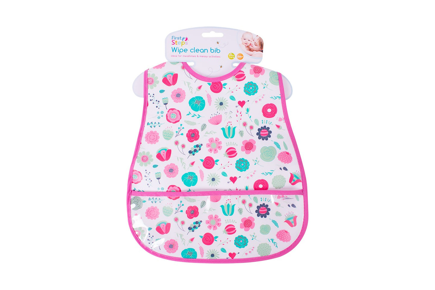 FIRST STEPS WIPE CLEAN BIB WITH POCKET 45CM X 28CM. FS696 \\\KD24001
