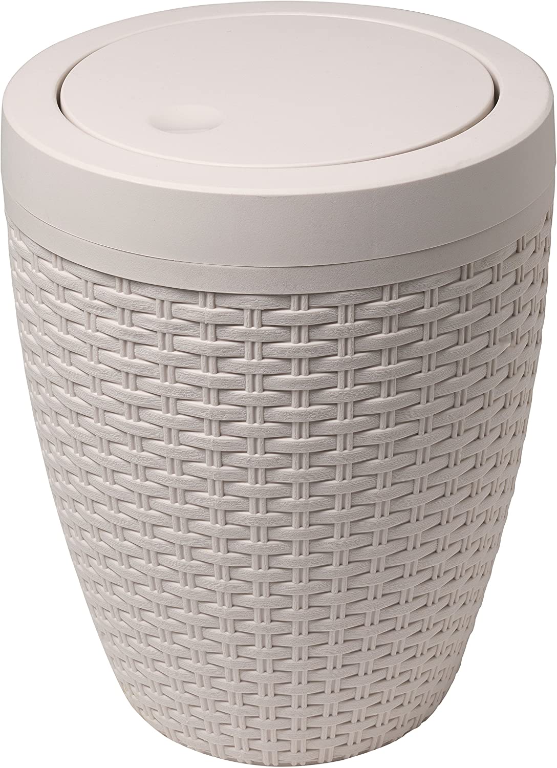 ADDIS RATTAN LOOK ROUND BATHROOM PLASTIC BIN WITH SWING LID - BEIGE. 515799 \\\KD24064