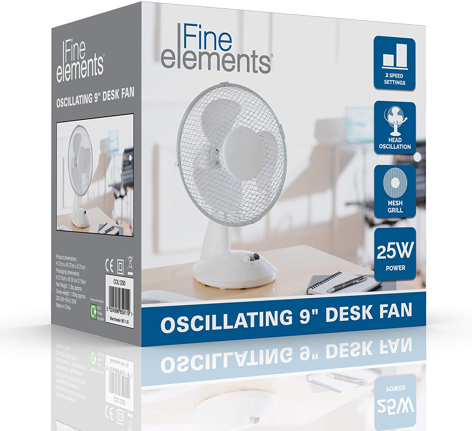FINE ELEMENTS OSCILLATING 9 INCH DESK FAN WITH 2 SPEED SETTINGS. COL1250GE \\\KD24082