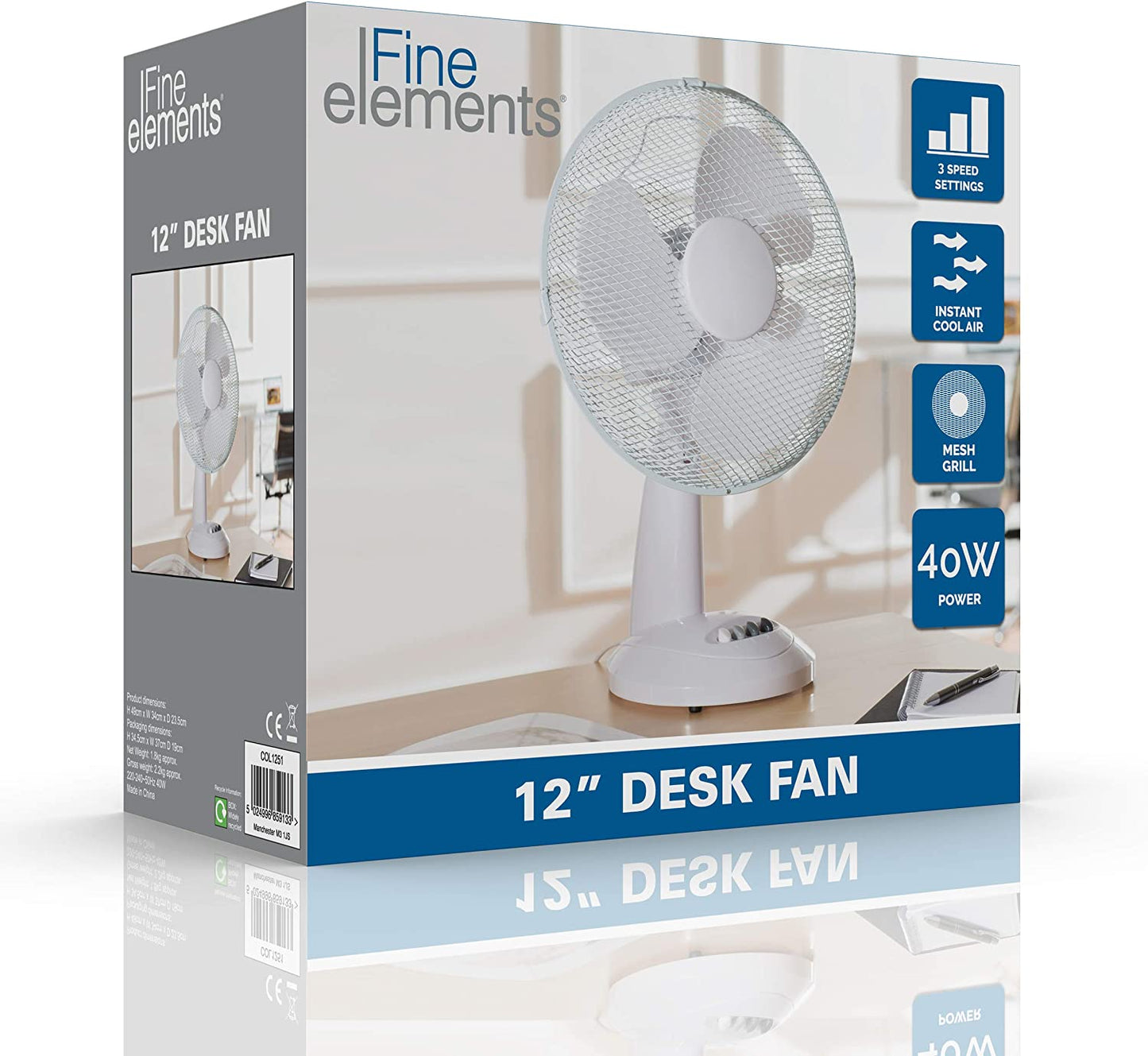 FINE ELEMENTS OSCILLATING 12 INCH DESK FAN WITH 3 SPEED SETTINGS. COL1251GE \\\KD24083