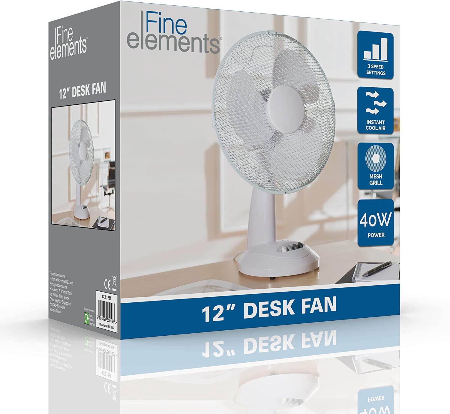FINE ELEMENTS OSCILLATING 12 INCH DESK FAN WITH 3 SPEED SETTINGS. COL1251GE \\\KD24083