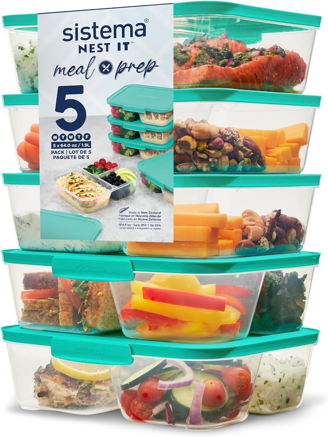 SISTEMA NEST IT MEAL PREP 3 COMPARTMENTS CONTAINERS 1900ML 5/PK. SIS59175 \\\KD24176