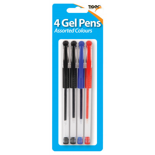 TIGER ASSORTED COLOUR GEL PEN WITH GRIP 4/PK. T302252 \\\KD24193