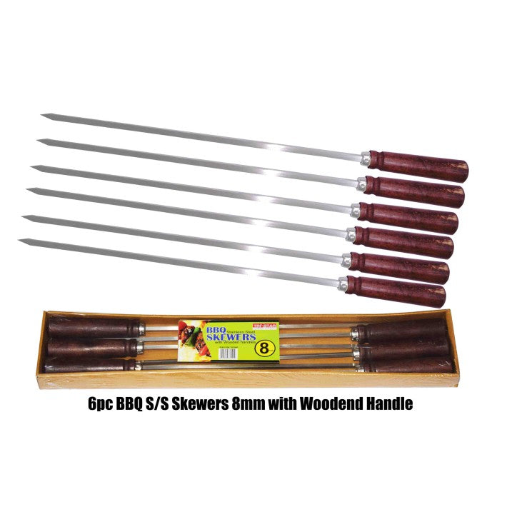 STAINLESS STEEL BBQ SKEWERS 8MM WITH WOODEN HANDLE. TS33995 \\\KD24304